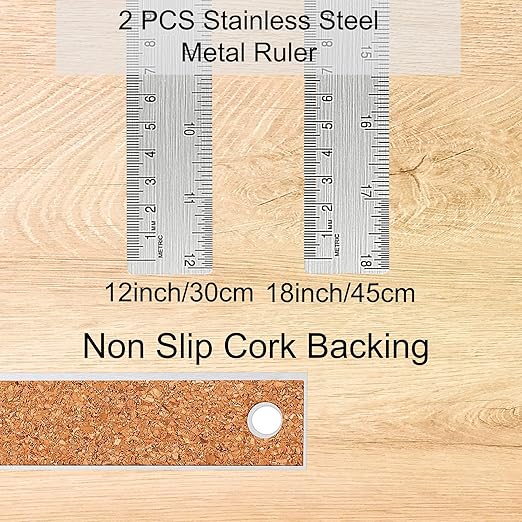 Metal Ruler with Cork Backing, 12 Inch & 18 Inch Stainless Steel Rulers, Non-Slip Straight Edge Measuring Tools with Inch and Centimeter Markings for School, Office, Woodworking-DeskLoop Office