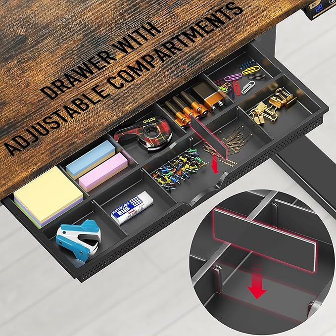 SHW 48-Inch Electric Height Adjustable Standing Desk with Drawer, Memory Preset and Cable Management Tray, Rustic Brown-DeskLoop Office