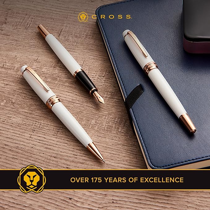 Cross Bailey Refillable Ballpoint Pen Presented in a Premium Gift Box - Medium Point, Black Ink, White & Rose Gold-DeskLoop Office