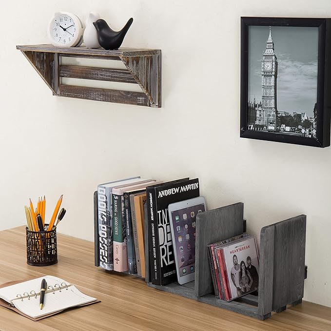 MyGift Barnwood Gray Wood Desktop Bookshelf Organizer, Expandable Adjustable Display Shelf Book Rack-DeskLoop Office
