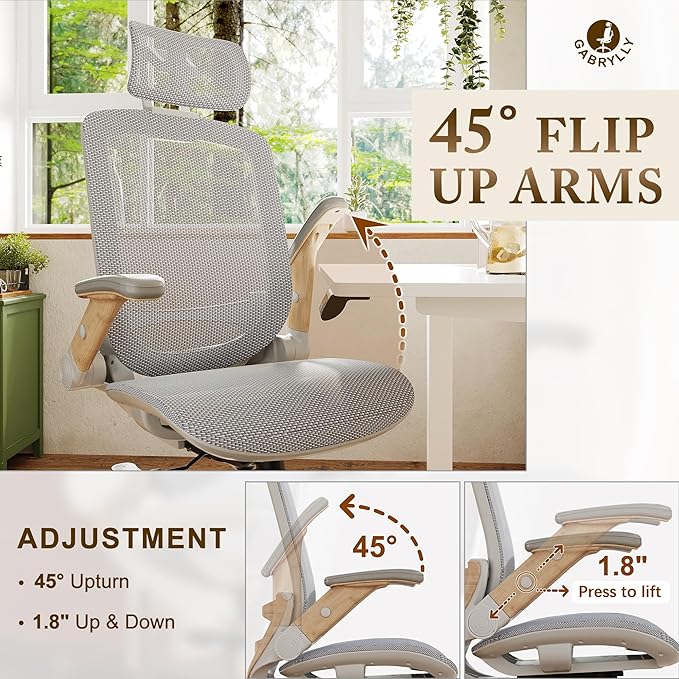 GABRYLLY Ergonomic Office Chair, High Back Home Desk Chair with Flip-Up Arms, Headrest, 90-120° Tilt and Wide Cushion, 400LBS White Mesh Chair for Work Gaming Study (GY01-NT, Woodgrain Pattern)-DeskLoop Office