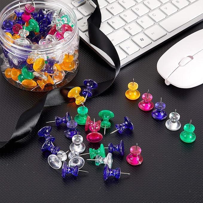 Outus 100 Pcs Giant Push Pins Large Thumb Tacks Plastic Heads 1 Inch Jumbo Push Pins for Cork Board Map Posters Office School(Red, Yellow, Blue, Green, Clear)-DeskLoop Office