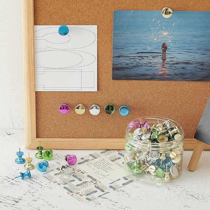 Outus 100 Pcs Giant Push Pins Large Thumb Tacks Plastic Heads 1 Inch Jumbo Push Pins for Cork Board Map Posters Office School(Purplish Red, Gold, Blue, Green, Silver)-DeskLoop Office