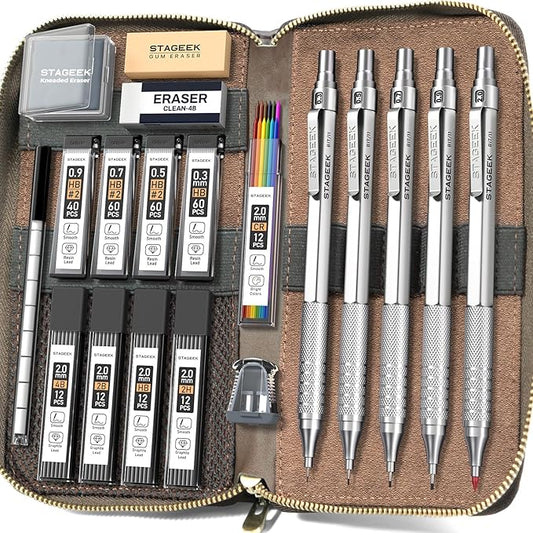 Metal Mechanical Pencil Set in Leather Case, 5PCS Art Drafting Pencil 0.3, 0.5, 0.7, 0.9 & 2mm Lead Holder, 9 Tube (4B 2B HB 2H Colors) Lead Refills for Drawing, Sketching, Writing (Silver)-DeskLoop Office
