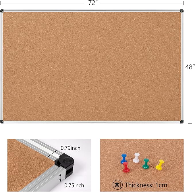 Board2by Extra Large Cork Bulletin Board 72" X 48", Silver Aluminum Framed 6'x4' Corkboard for Wall, Wall Mounted Notice Pin Board with 18 Push Pins for School, Home & Office-DeskLoop Office