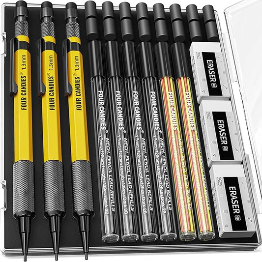 Four Candies 3PCS 1.3mm Mechanical Pencil Set with Case, Metal Heavy Duty Carpenter Pencils with 72 Refill(Red,Black,Yellow) 3Eraser, 16Eraser Refill, Weatherproof Body Outdoor Woodworking Marking-DeskLoop Office