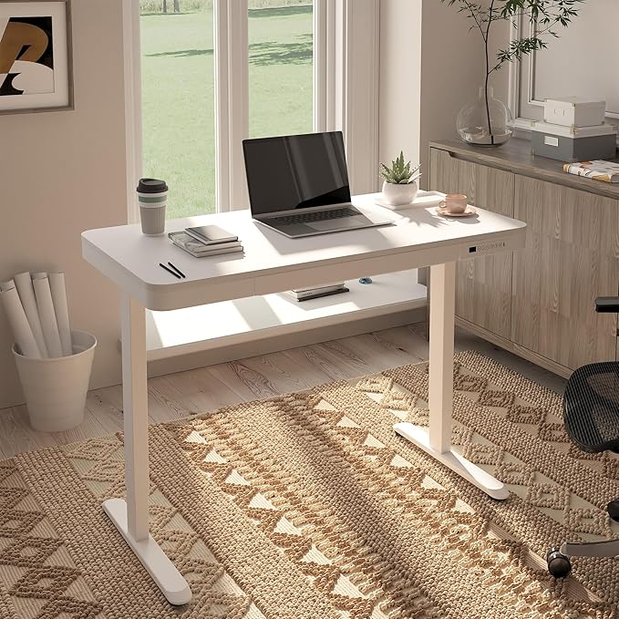 FLEXISPOT Comhar Electric Standing Desk with Drawers Charging USB A to C Port, Height Adjustable 48" Whole-Piece Home Office Computer Laptop Table with Storage (White Top + Frame)-DeskLoop Office