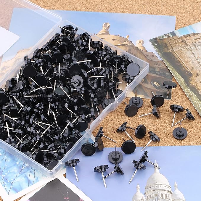 Push Pins 200-count Flat Black Thumb Tacks Steel Point and Plastic Head for Corkboard and Wooden Photo Wall-DeskLoop Office
