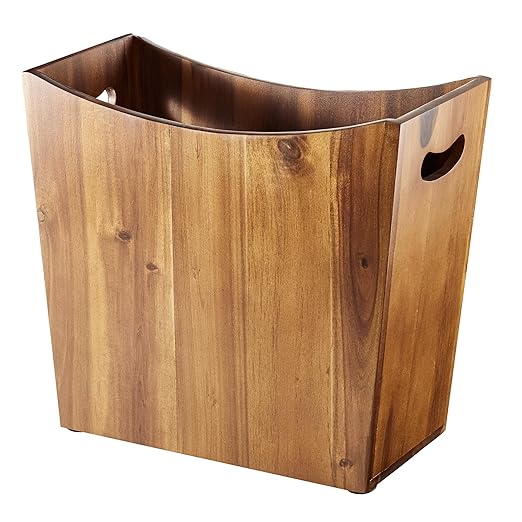 3 Gallons Rectangular Wastebaskets - Acacia Wood Waste Basket with Handles - Small Trash Can for Bathroom - Brown Garbage Bin for Spa Decorative, Kitchen Under Counter, Living Room, Office-DeskLoop Office