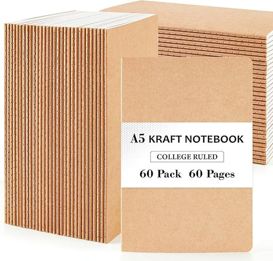 feela 60 Pack Kraft Notebooks Bulk, Lined Travel Journals Note Pad Notebooks for Men Women Girls Students, Making Plans Writing Memos Office School Supplies, A5, 60 Pages, 8.3” X 5.5”-DeskLoop Office