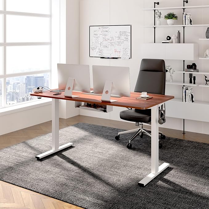 FLEXISPOT EN2 Whole-Piece Standing Desk with Clamp Power Strip, 55 x 28 Electric Stand Up Height Adjustable Desk with Cable Management (White Frame + 55" Mahogany Top, 2 Packages)-DeskLoop Office