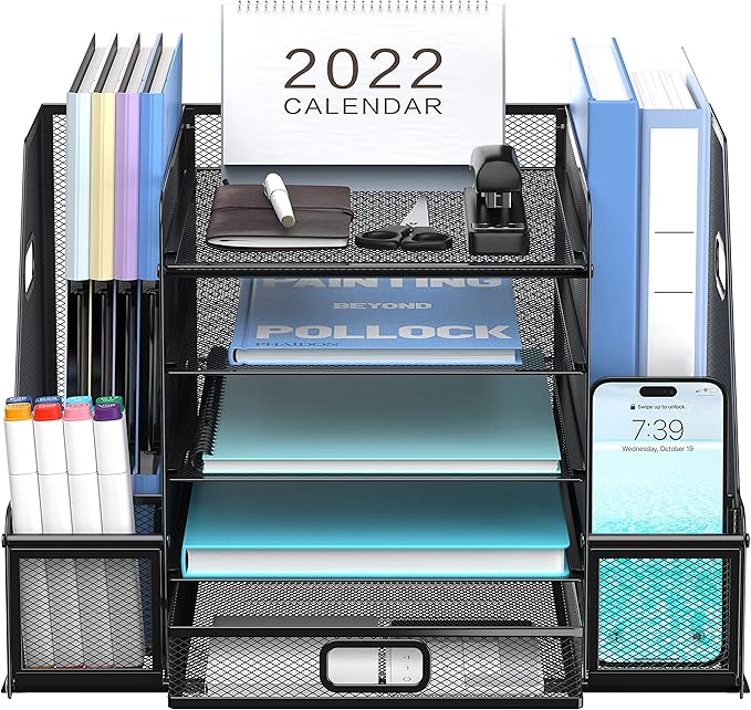 SUPEASY Mesh Desk Organizer with File Holder, 5-Tier Paper Letter Tray Organizer with Magazine Holder, Desktop Organizer and Storage with Drawer for Office Supplies Home or School, Black-DeskLoop Office