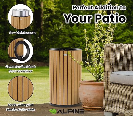 Alpine 32 Gallon Commercial Outdoor Trash Can - Heavy Duty Garbage Can Outdoor, Industrial Open Top Trash Can with Plastic Panels for Patio, Parks, Trails, Resorts (Flat Lid - Cedar)-DeskLoop Office
