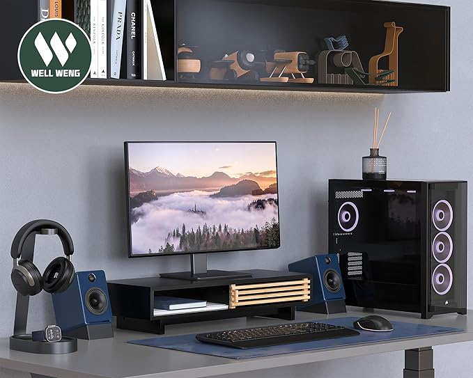 Monitor Stand Riser with Sliding Door, Computer Laptop Stand Desk Shelf Organizer with Storage (Black + Natural Bamboo, 25 Inch)-DeskLoop Office