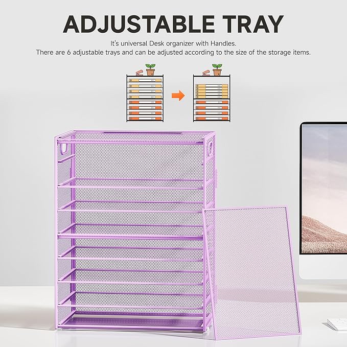 SUBEKYU 9 Tier Paper Letter Tray Desk Organizer with Handles - Purple Metal Mesh File Holder Paper Sorter Desk Organizer for Office Home School, Include 6 Pcs Adjustable Slid Tray, 6 Colors Available-DeskLoop Office
