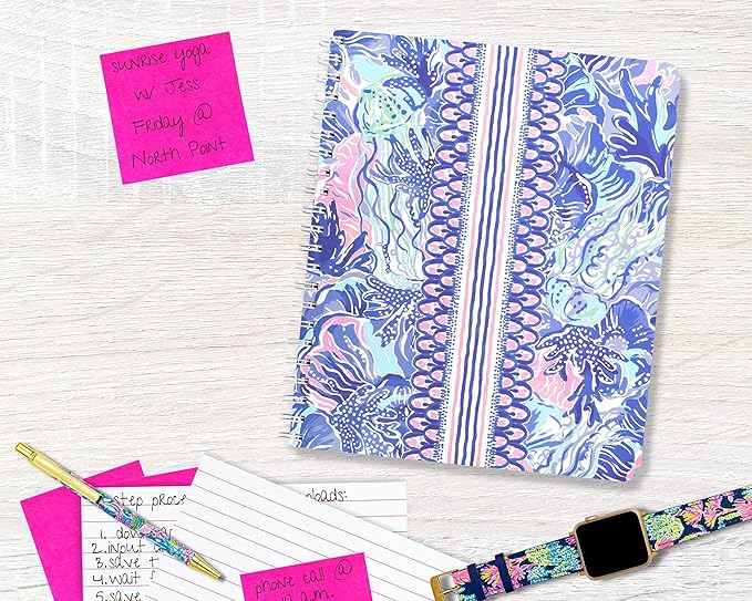 Lilly Pulitzer Large Pink/Blue Hardcover Spiral Notebook, 11" x 9.5" with 160 College Ruled Pages, Shade Seeker-DeskLoop Office