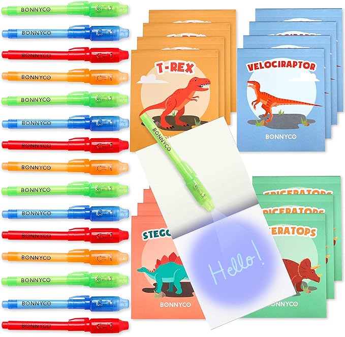 BONNYCO Invisible Ink Pen and Notebook Pack 16 Dinosaur Party Favors for Kids, Magic Spy Pen Goodie Bags Stuffers for Kids, Dinosaur Birthday Party Supplies, Goody Bag Stuffers Return Gifts Prizes-DeskLoop Office