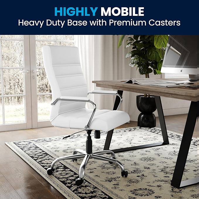 Flash Furniture Whitney High-Back Swivel LeatherSoft Desk Chair with Padded Seat and Armrests, Adjustable Height Padded Office Chair, White/Chrome-DeskLoop Office