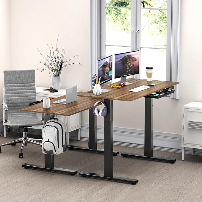 SHW 48-Inch Electric Height Adjustable Standing Desk with Drawer, Memory Preset and Cable Management Tray, Walnut-DeskLoop Office