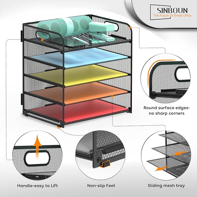 Letter Tray Paper Organizer 5-Tier Desk Organizer File Organizer Paper Holder with Handle, Metal Desktop Document Shelf Tray Office Classroom Organization - Black-DeskLoop Office