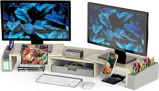 Simple Houseware Desk Dual Monitor Stand Riser with Drawer, Maple-DeskLoop Office