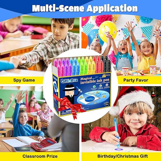 GIFTINBOX Invisible Ink Pen, 28PCS Spy Pen with UV Light for Kids, Birthday Party Favors for Kids 4-8 8-12, Classroom Prize for Students Magic Marker for Secret Message-DeskLoop Office