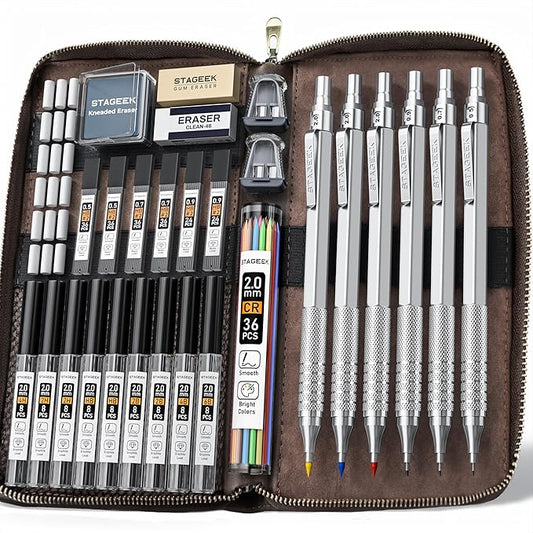 30PCS Silver Metal Mechanical Pencil Set in Leather Case, 0.5/0.7/0.9/2.0mm Art Drafting Pencils with 16 Tubes Graphite Leads (6B 4B 2B HB 2H 4H) & Colored Refills for Sketching, Drawing, Writing-DeskLoop Office