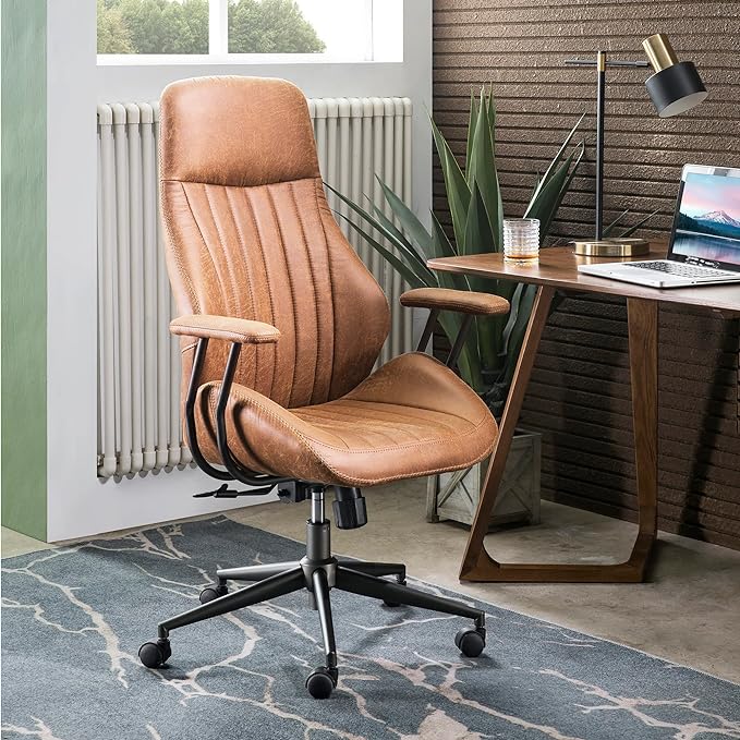 ovios Ergonomic Home Office Chair, Mid-Century Modern Faux Leather Chairs with Padded Armrests, Comfy High Back Swivel Rolling Executive Computer Armchair (Brown, Suede Leather)-DeskLoop Office