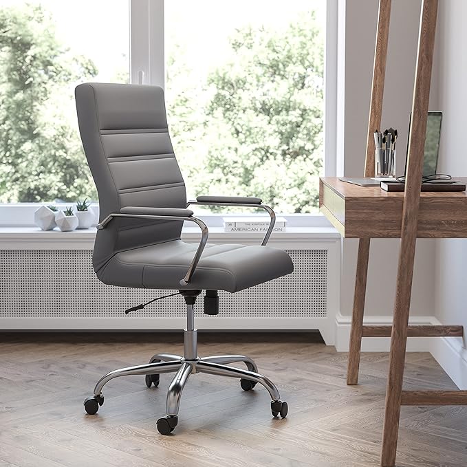 Flash Furniture Whitney High-Back Swivel LeatherSoft Desk Chair with Padded Seat and Armrests, Adjustable Height Padded Office Chair, Gray/Chrome-DeskLoop Office