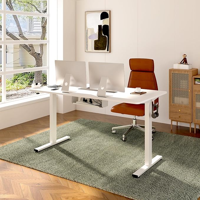 FLEXISPOT EN2 Whole-Piece Standing Desk with Clamp Power Strip, 48x24 Electric Stand Up Height Adjustable Desk with Cable Management (White Frame + 48" White Top)-DeskLoop Office