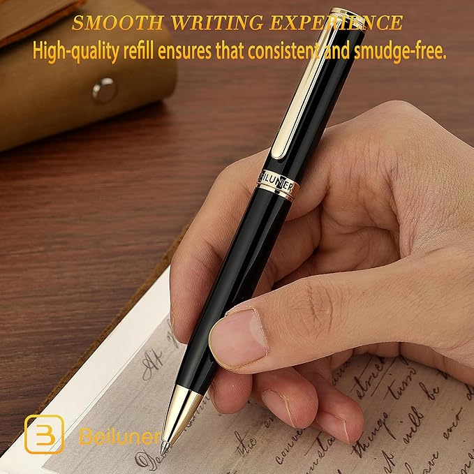 BEILUNER Luxury Gel Pen with 24K Gold Finish, Black Piano Lacquer, Luxury Grade Craftsmanship, Best Pen Gift Set for Men and Women, Professional, Executive, Office, Retractable Nice Pens-DeskLoop Office