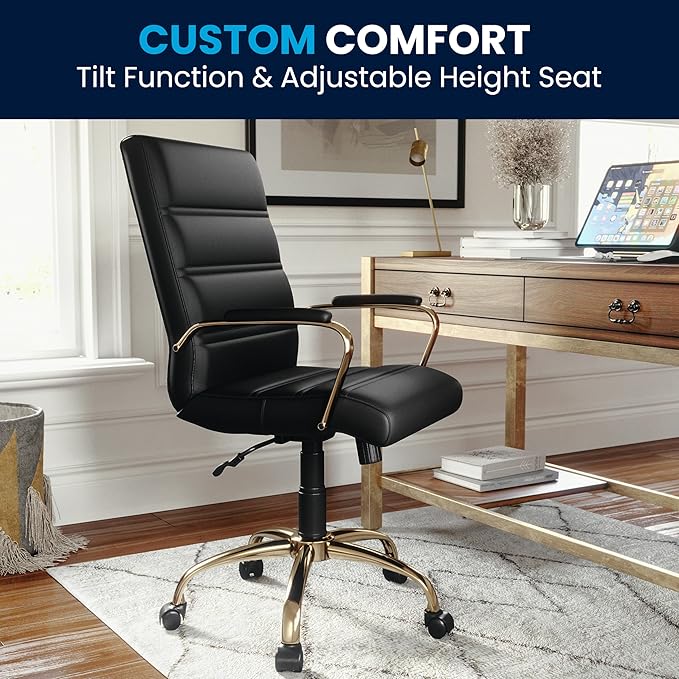 Flash Furniture Whitney Mid-Back Swivel LeatherSoft Desk Chair with Wheels, Padded Seat and Armrests, Adjustable Height Padded Office Chair, Black-DeskLoop Office
