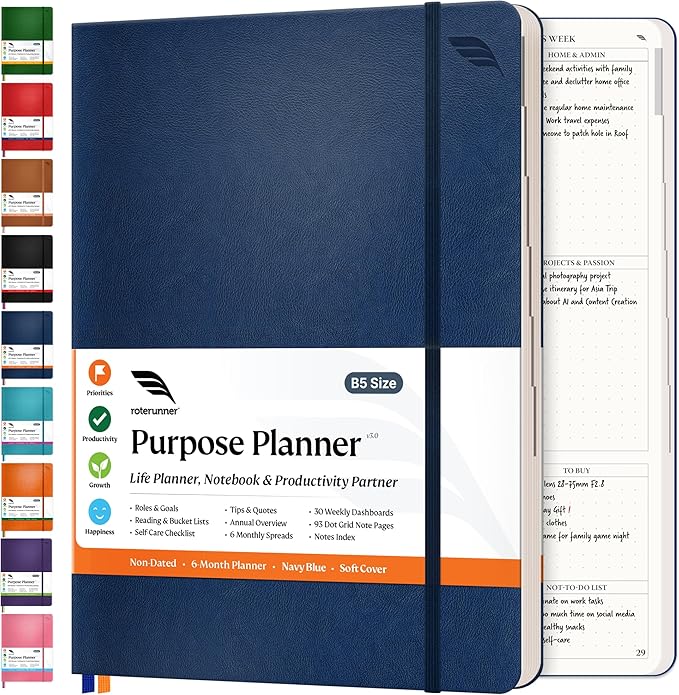 Roterunner Purpose Planner Notebook B5 7.5”x9.8” Undated Planner 2025 Daily Weekly and Monthly Productivity Goal Setting Tool for Work Home-DeskLoop Office