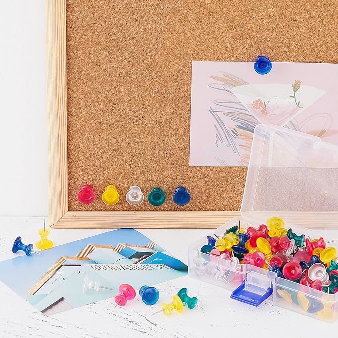 Outus 100 Pcs Giant Push Pins Large Thumb Tacks Plastic Heads 1 Inch Jumbo Push Pins for Cork Board Map Posters Office School(Rose Red, Clear, Dark Blue, Dark Green, Yolk Yellow)-DeskLoop Office