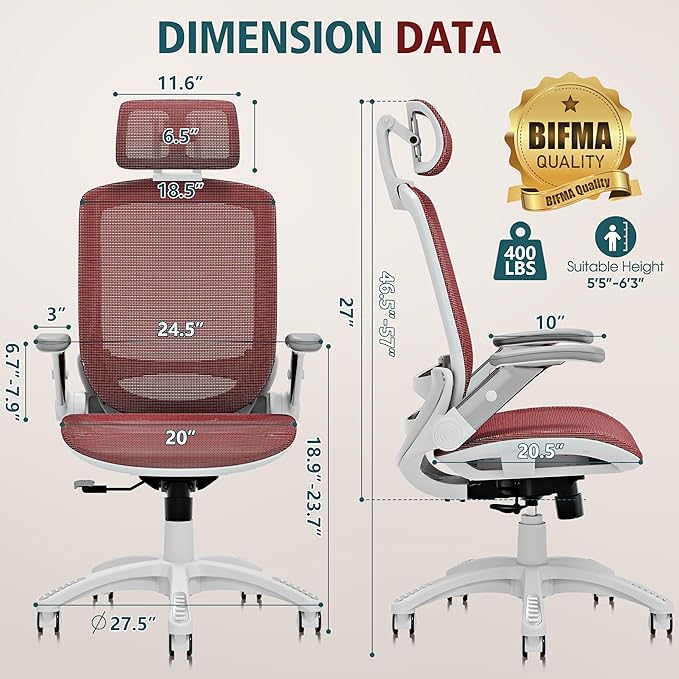 GABRYLLY Ergonomic Office Chair, High Back Home Desk Chair with Headrest, Flip-Up Arms, 90-120° Tilt Lock and Wide Cushion, 400LBS Mesh Chairs for Man Woman, White Task Chair(Red,GY01WR)-DeskLoop Office