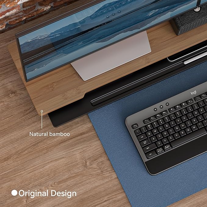 Monitor Stand Dual Monitor Stand Riser for Desk,Wood Desk Shelf Storage Organizer with Phone Tablet Holder (42.5 Inch, Black & Dark Bamboo)-DeskLoop Office