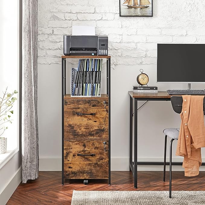 VASAGLE File Cabinet for Home Office, 2-Drawer Filing Cabinet with Lock, Open Shelf, Printer Stand, for A4 and Letter Sized Files, Adjustable Feet, Industrial, Rustic Brown and Ink Black UOFC045B01-DeskLoop Office