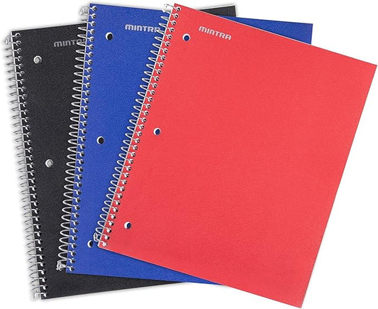 Mintra Office Durable Spiral Notebooks, 1 Subject, (Black, Blue, Red, College Ruled 3 Pack), 100 Sheets, Poly Pocket, Moisture Resistant Cover, Strong Chipboard back, For School, Office, Business-DeskLoop Office