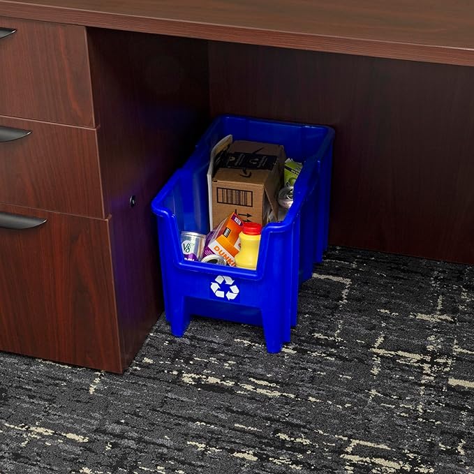 Commercial Industrial Heavy Duty Stackable Open-Front Recycling Bin Box Containers, 7 Gallon, 4 Pack, Blue-DeskLoop Office