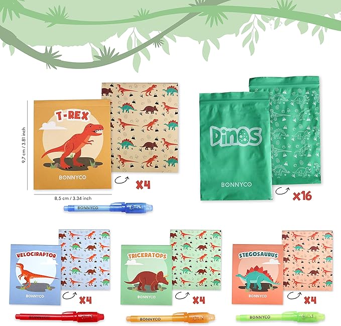 BONNYCO Invisible Ink Pen and Notebook Pack 16 Dinosaur Party Favors for Kids, Magic Spy Pen Goodie Bags Stuffers for Kids, Dinosaur Birthday Party Supplies, Goody Bag Stuffers Return Gifts Prizes-DeskLoop Office
