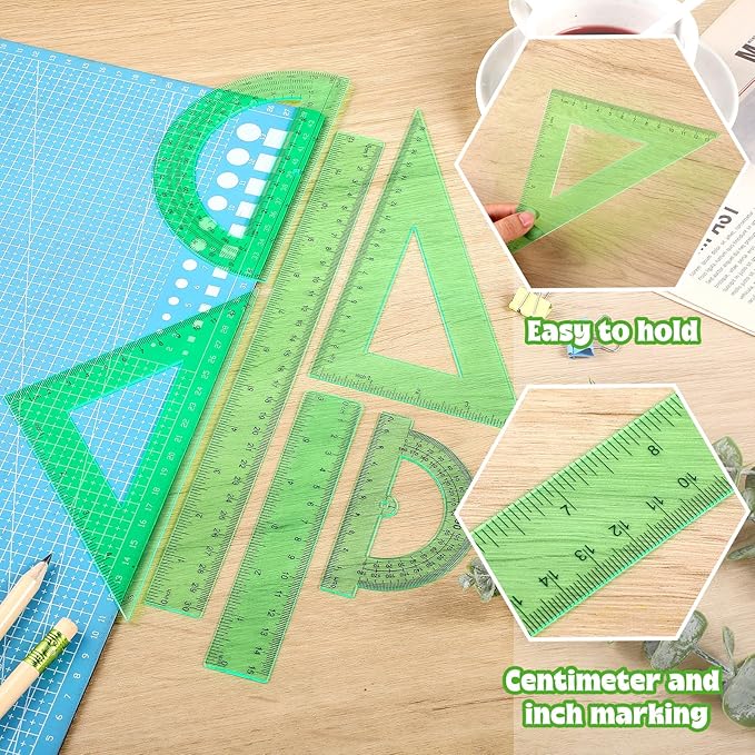 Tenare 6 Pcs Plastic Ruler Math Set Includes 12 Inch 6 Inch Straight Protractor Triangle Geometry Transparent Math Ruler Measuring Tools for School Office Home(Green)-DeskLoop Office