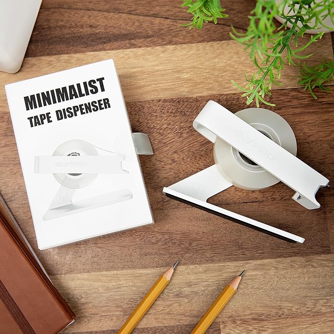 ELYPRO Modern Tape Dispenser for Office Desk - Elegant and Minimalist Design, Heavy Metal Made, Space-Saving, Perfect for Office & Home Use or as a Stylish Gift - Bonus Tape Roll Included (White)-DeskLoop Office