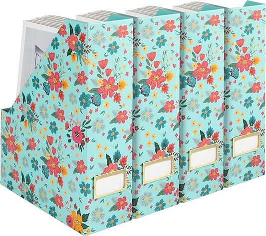 BLU MONACO Floral Magazine Holder, Set of 4 Foldable Magazine File Boxes, Aqua Floral Pattern with Gold Label Holder, Vertical Desk Organizer and Binder Holder-DeskLoop Office
