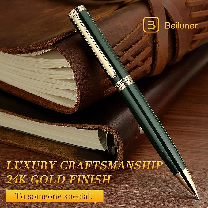 BEILUNER Luxury Gel Pen with 24K Gold Finish, Green Piano Lacquer, Luxury Grade Craftsmanship, Fancy Pen Gift Set for Men and Women, Graduation Gift, Executive, Office, Retractable, Nice Pen Set-DeskLoop Office