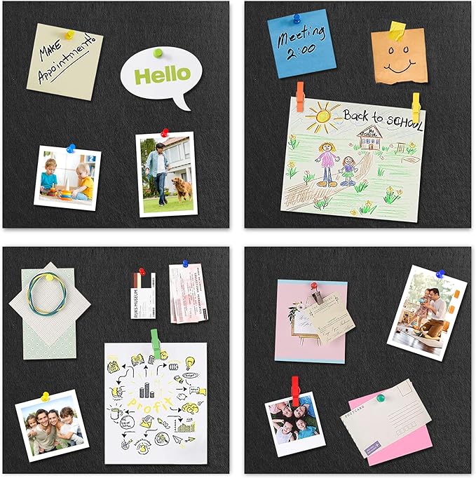 AKTOP Cork Board Bulletin Board 12x12, 1/2" Thick Felt Cork Board Tiles 6 Pack, Small Square Pin Board for Wall, Self Adhesive Corkboards with 60 Push Pin Wood Clips for School, Home & Office, Black-DeskLoop Office