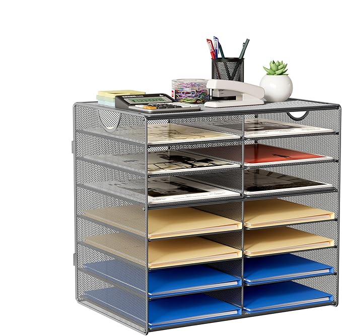 EasyPAG 14-Slot Mesh Desk File Organizer with Handle, Metal Frame Paper Tray for Classroom/Office/Home - Easy Assembly, Durable Tiered Sorter & A4/Letter Size, Silver-DeskLoop Office