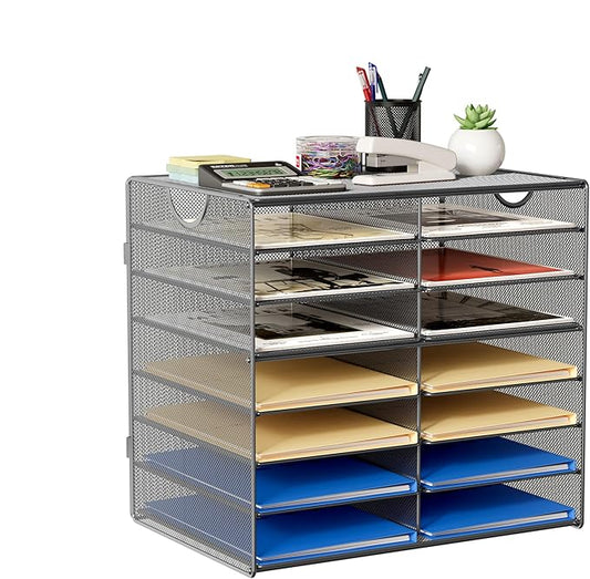 EasyPAG 14-Slot Mesh Desk File Organizer with Handle, Metal Frame Paper Tray for Classroom/Office/Home - Easy Assembly, Durable Tiered Sorter & A4/Letter Size, Silver-DeskLoop Office