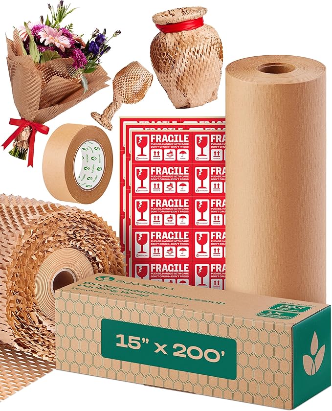 Honeycomb Packing Paper | Extra Thick 90 GSM Packing Wrap | Biodegradable Packing Materials: 15” x 200’ Moving Paper + 195’ Cellulose Adhesive Tape + 30 Fragile Stickers | Paper Bubble Wrap-DeskLoop Office