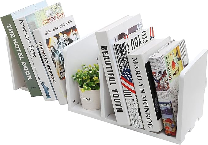 MyGift White Wood Desktop Bookshelf Organizer, Expandable Adjustable Display Shelf Book Rack-DeskLoop Office