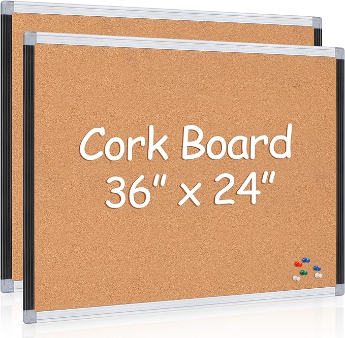 Board2by 2 Pack Cork Bulletin Board 24" x 36", Black/Silver Aluminium Framed Corkboard, Office Board for Wall Decor, Large Wall Mounted Notice Pin Board with 18 Push Pins for School, Home & Office-DeskLoop Office